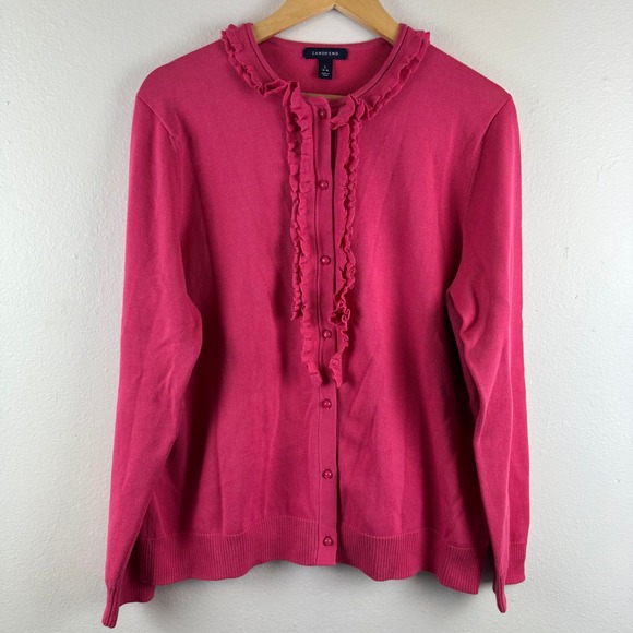 Lands' End Cardigan Sweater Womens L 14-16 Pink Ruffle Trim Supima Cotton Blend - Picture 2 of 6